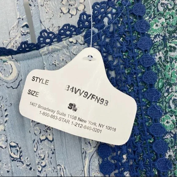 Angie Blue and Green Parsley Print w Balloon Sleeves & Lace detail S - Picture 6 of 10